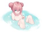  1girl absurdres bathing blue_eyes bocchi_the_rock! body_writing breasts cleavage collarbone double_bun gotoh_hitori hair_between_eyes hair_bun highres huge_breasts knees_up looking_at_viewer meijin_kusano open_mouth pink_hair simple_background solo water wet white_background 