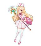  1girl backpack bag blonde_hair breasts dress full_body game_cg hat holding holding_weapon little_witch_nobeta long_hair looking_at_viewer nobeta non-web_source nurse nurse_cap official_art open_mouth pink_footwear red_eyes shoes short_dress short_sleeves shoulder_bag simple_background small_breasts solo staff standing thighhighs transparent_background very_long_hair weapon white_dress white_headwear white_thighhighs zettai_ryouiki 
