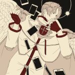  1boy angel_wings archangel_(baroque) baroque_(series) card cloak dutch_angle fingerless_gloves floating_card gloves halo high_collar limited_palette long_sleeves looking_to_the_side male_focus parted_bangs red_gloves robe short_hair solo tarot tarot_(card) upper_body white_robe wings yumeno_sanagi_(pupanimus) 