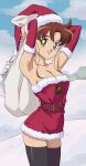  1girl armpits bag belt bishoujo_senshi_sailor_moon breasts brown_hair christmas cleavage dress green_eyes hat highres kino_makoto long_hair medium_breasts nanaeljustice santa_hat short_dress sleeveless snow thighhighs 