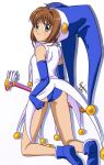  1girl artist_name ass ass_focus ass_grab blue_gloves blue_headwear breasts brown_hair cardcaptor_sakura closed_mouth dated elbow_gloves full_body gloves green_eyes hat highres jester jester_cap kinomoto_sakura kneeling leotard looking_back nanaeljustice short_hair small_breasts solo staff thighs white_background 