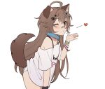  1girl animal_ear_fluff animal_ears bandaid bandaid_on_face bandaid_on_nose blowing_kiss blue_collar brown_eyes brown_hair collar dog_ears dog_girl dog_tail highres indie_virtual_youtuber long_hair mittsu no_pants off_shoulder one_eye_closed panties pochi_wanmaru second-party_source shirt short_sleeves tail unaligned_ears underwear virtual_youtuber white_panties white_shirt 