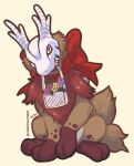  artist_name basket charliewoodart english_commentary flower full_body highres kauren looking_at_viewer mouth_hold no_humans red_eyes red_ribbon ribbon simple_background solo temtem yellow_background 