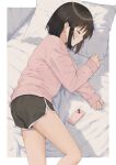  1girl absurdres bed black_hair blush bob_cut cardigan cellphone closed_eyes closed_mouth commentary_request highres iro_haruno long_sleeves lying on_bed on_side original phone pillow pink_cardigan profile short_shorts shorts sleeping smartphone solo thighs 