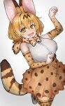  1girl absurdres adeshi_(adeshi0693119) animal_ears belt blonde_hair bow bowtie cat_ears cat_girl cat_tail elbow_gloves extra_ears gloves grey_background highres kemono_friends looking_at_viewer serval_(kemono_friends) serval_print shirt shoes short_hair simple_background skirt sleeveless sleeveless_shirt solo tail thighhighs yellow_eyes 