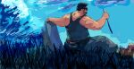  1boy absurdres bara black_hair black_tank_top blue_sky boots from_behind grass highres holding koto_(32456033) male_focus midriff_peek muscular muscular_male original outstretched_arms painterly pants rock short_hair sideburns sketch sky solo spread_arms sunglasses tank_top 