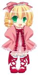  1girl :d blonde_hair bloomers blush bow chibi coat commentary_request dress drill_hair frilled_bow frilled_dress frills full_body green_eyes hair_bow hands_up hinaichigo leg_ribbon lolita_fashion long_sleeves looking_at_viewer medium_bangs morinaga_hinase neck_ribbon open_mouth pantyhose pigeon-toed pink_bow pink_coat pink_dress quad_drills red_footwear red_ribbon ribbon rozen_maiden shoes short_hair simple_background smile solo white_background white_bloomers white_pantyhose wide_sleeves 