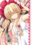  1girl blonde_hair bonnet closed_eyes closed_mouth commentary_request cover cover_page doujin_cover dress drill_hair drill_sidelocks expressionless flat_chest flower holding holding_flower long_hair medium_bangs morinaga_hinase pink_flower red_flower red_headwear red_rose rose rozen_maiden shinku sidelocks solo strap_slip translation_request upper_body very_long_hair white_dress 