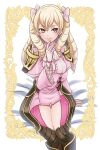  1girl armor blonde_hair bow brown_eyes closed_mouth dress drill_hair earrings fire_emblem fire_emblem_awakening frills gloves hair_between_eyes hair_bow highres hip_armor jewelry long_hair long_sleeves looking_at_viewer maribelle_(fire_emblem) pink_bow pink_dress shoulder_armor smile solo umehime 