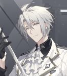  1boy ahoge ascot black_gloves black_shirt closed_mouth collared_shirt curtained_hair glint gloves grey_eyes grey_hair hair_between_eyes half_gloves holding holding_sword holding_weapon idolish7 jacket lapel_pin lapels loladestiny long_sleeves looking_at_viewer male_focus medal notched_lapels shirt short_hair sidelocks silver_trim sleeve_cuffs smile solo sword upper_body weapon white_ascot white_jacket yaotome_gaku 