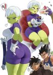  1girl 2boys :d absurdres ass ass_focus ass_grab black_hair blue_tank_top bodysuit breasts broly_(dragon_ball_super) cake chair cheelai colored_skin commentary dragon_ball dragon_ball_super dragon_ball_super_broly english_commentary eyelashes feeding food gloves grabbing_own_ass green_skin grin highres holding_belt ice_cream looking_at_another looking_down multiple_boys multiple_views nia_(nia4294) open_mouth pout puff_of_air purple_bodysuit purple_eyes short_hair simple_background sitting skin_tight smile strawberry_shortcake tank_top thighs vegeta weight_conscious weight_gain white_background white_gloves white_hair 