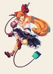  bad_id bad_pixiv_id ball_and_chain_restraint belt bow brown_legwear chain colorized fang gourd hair_bow highres horn_ribbon horns ibuki_suika long_hair long_skirt looking_at_viewer low-tied_long_hair orange_hair pleated_skirt red_eyes ribbon saimon_ma saliva saliva_trail shirt shoe_dangle simple_background sketch skirt sleeveless sleeveless_shirt smile socks solo touhou very_long_hair wrist_cuffs 