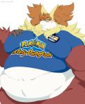 anthro belly big_belly big_breasts breasts canid canine character_name clothing delphox eyewear female generation_6_pokemon glasses hi_res huge_breasts inner_ear_fluff logo looking_at_viewer mammal midriff milwommike morbidly_obese morbidly_obese_anthro morbidly_obese_female name_tag navel nerd nintendo obese obese_anthro obese_female overweight overweight_anthro overweight_female pokemon pokemon_(species) smile solo tuft