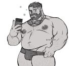  1boy arm_hair bara beard belly brown_hair bulge come_hither coral_island facial_hair full_beard goggles goggles_around_neck greyscale grin hairy happy_aura holding holding_phone isvenkov large_areolae large_pectorals looking_at_viewer male_focus male_swimwear mark_(coral_island) monochrome muscular muscular_male navel navel_hair nipples pectorals phone plump seductive_smile short_hair smile solo sparse_arm_hair sparse_chest_hair swim_briefs thick_beard thick_leg_hair thick_thighs thighs topless_male 