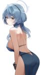  1girl absurdres ako_(blue_archive) ako_(dress)_(blue_archive) back backless_dress backless_outfit bare_shoulders blue_archive blue_dress blue_eyes blue_hair blue_halo breasts dress from_behind hairband halo hashtag_only_commentary highres large_breasts looking_back maya_(gpmp3825) medium_hair side_slit simple_background solo white_background 