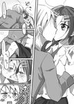  1girl arm_grab blush breasts chihaya_megumi cleavage collarbone comic greyscale hair_ornament hairclip ichimiya_taishi kiss long_hair lying medium_breasts monochrome ochi saliva saliva_trail servant_x_service translation_request unbuttoned 