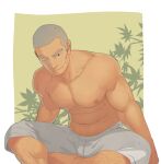  1boy bara buzz_cut grey_pants itto_(mentaiko) large_pectorals light_smile looking_at_viewer male_focus muscular muscular_male one_eye_closed original pants pectorals scar scar_on_cheek scar_on_face short_hair sitting topless_male very_short_hair 