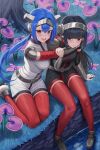  2girls :d armor black_hair blue_hair crosscode detached_sleeves grass hair_between_eyes headgear highres hug jacket lea_(crosscode) long_hair multiple_girls outdoors ponytail red_eyes red_sleeves red_thighhighs sakai_shizuka_(crosscode) scar scar_on_face shoes shoulder_armor silvertsuki smile tagme thighhighs tree water 