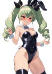  1girl akahara_tyun anchovy_(girls_und_panzer) animal_ears black_leotard black_thighhighs blue_bow blue_bowtie blush bow bowtie breasts commentary commission contrapposto detached_collar drill_hair girls_und_panzer green_hair leotard long_hair medium_breasts nose_blush pixiv_commission playboy_bunny rabbit_ears rabbit_tail red_eyes simple_background solo strapless strapless_leotard tail thighhighs twin_drills twintails w_arms white_background wrist_cuffs 