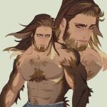  1boy abs bara beard body_fur brown_hair chest_tuft facial_hair frown full_beard gradient_beard gradient_fur large_pectorals light_brown_hair long_hair looking_ahead male_focus mature_male monster_boy multicolored_hair multiple_views muscular muscular_male navel navel_hair nipples original paexie pectorals stomach streaked_hair thick_eyebrows topless_male very_hairy werewolf wolf_boy 