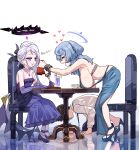  1boy 2girls absurdres ako_(blue_archive) ako_(dress)_(blue_archive) backless_dress backless_outfit black_hair black_hairband black_horns blue_archive blue_dress blue_footwear blue_hair blue_halo blush breasts chair closed_eyes collarbone cup demon_horns demon_wings dress drink elbow_gloves food food_on_face fork gloves grey_hair hairband halo heart high_heels highres hina_(blue_archive) hina_(dress)_(blue_archive) holding holding_fork horns je_o_mo jewelry large_breasts long_hair long_sleeves multiple_girls multiple_horns necklace official_alternate_costume official_alternate_hairstyle open_mouth pendant purple_dress purple_eyes purple_footwear purple_gloves purple_wings shirt short_hair sleeveless sleeveless_dress small_breasts smile steak strapless strapless_dress table white_shirt wings 