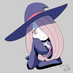  1girl 2017 bright_pupils closed_mouth cropped_torso frown grey_background hair_over_one_eye hat little_witch_academia looking_to_the_side oonuma_hiroshi pale_skin purple_hair red_eyes simple_background sleeves_past_wrists solo sucy_manbavaran upper_body white_pupils witch witch_hat 