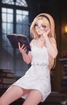  1girl adjusting_eyewear black_hairband blonde_hair blue_eyes book book_stack breasts commentary dress glasses hairband highres holding holding_book indoors league_of_legends long_hair lux_(league_of_legends) open_book personal_ami reading round_eyewear signature small_breasts solo white_dress 