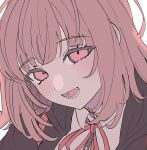  1girl black_jacket brown_hair collared_shirt danganronpa_(series) danganronpa_2:_goodbye_despair highres ibushi_(kuyuru_29) jacket medium_hair nanami_chiaki neck_ribbon open_clothes open_jacket pink_eyes portrait red_ribbon ribbon shirt smile solo two-tone_shirt 