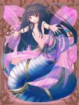  1girl armlet ayachi_pbw black_hair bracelet dairoku_ryouhei hair_over_breasts jewelry lamia long_hair monster_girl navel official_art outstretched_arms red_eyes solo 