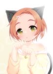  1girl :o animal_ears bare_shoulders blush cat_ears cat_tail collarbone commentary_request flower forehead green_eyes hair_flower hair_ornament hairclip highres hood hoodie hosizora_mikoto idolmaster idolmaster_cinderella_girls looking_at_viewer off_shoulder open_mouth orange_hair paw_pose ryuzaki_kaoru short_hair solo tail upper_body yellow_hoodie 