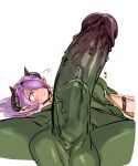  1boy 1girl black_horns blush closed_mouth colored_skin doppel_(bonnypir) draph erection foreskin granblue_fantasy green_skin hair_over_one_eye horns long_hair lying narmaya_(granblue_fantasy) on_stomach orc penis penis_awe penis_focus pointy_ears purple_hair simple_background sleeping sleeping_on_person sweat testicles veins veiny_penis white_background zzz 