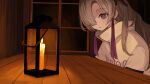 1girl :&lt; black_eyes cabin candle cevio coat commentary_request expressionless from_side grey_hair hair_ornament hair_over_one_eye high_collar highres histoire-ange indoors kamitsubaki_studio lantern long_hair looking_at_viewer looking_to_the_side multicolored_hair night one_eye_covered purple_hair sekai_(cevio) single_flame solo streaked_hair table upper_body white_coat window wooden_table 