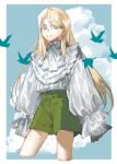  1boy androgynous ascot bird blonde_hair blue_eyes blue_sky border cloud cropped_legs day frilled_shirt frilled_shirt_collar frills green_shorts hair_between_eyes kyouichi long_hair looking_at_viewer male_focus original outside_border parted_lips shirt shorts sky sleeves_past_fingers sleeves_past_wrists solo standing white_ascot white_border white_shirt 