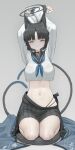  1girl animal_ears arms_up black_hair black_halo black_sailor_collar black_skirt blue_archive blue_neckerchief cat_ears cat_girl closed_mouth commentary_request genek grey_background grey_eyes halo highres kikyou_(blue_archive) long_sleeves looking_at_viewer midriff navel neckerchief pillow sailor_collar school_uniform serafuku short_hair sitting skirt solo wariza 