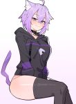  1girl :3 ahoge animal_collar animal_ear_fluff animal_ears black_choker black_hoodie black_thighhighs blush bottomless breasts cat_ears cat_girl cat_tail choker collar crossed_bangs hair_between_eyes highres hololive hood hood_down hoodie large_breasts long_sleeves looking_at_viewer nekomata_okayu nekomata_okayu_(1st_costume) nokaa_aru onigiri_print purple_eyes purple_hair short_hair simple_background sitting smile smug solo tail thighhighs upper_body virtual_youtuber white_background 