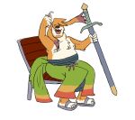 2023 anthro belly bottomwear breath_of_fire brown_body canid canine canis capcom clothing domestic_dog footwear geuremon male mammal moobs nipples overweight overweight_male pants sandals scias sitting solo weapon