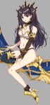  1girl bare_shoulders black_hair breasts brown_hair brown_ribbon cleavage earrings fate/grand_order fate_(series) full_body grey_background hoop_earrings ishtar_(fate) jewelry kelinch1 large_breasts long_hair looking_at_viewer midriff navel open_mouth red_eyes ribbon simple_background single_sleeve single_thighhigh sitting smile solo thighhighs thighs twintails yellow_footwear 