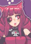  1girl animal_ears artificial_eye bare_shoulders blunt_bangs drill_hair hcnone open_mouth pixel_art purple_background quad_drills red_eyes red_hair sidelocks solo stella_hoshii surprised teeth upper_body upper_teeth_only va-11_hall-a 