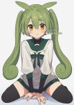  1girl alternate_hairstyle black_shirt black_thighhighs blush bow commentary_request cone_huraku green_bow green_hair hair_between_eyes hands_on_floor layered_clothes layered_sleeves long_hair long_sleeves looking_at_viewer sailor_collar shirt simple_background sitting smile solo straight-on thighhighs twintails twitter_username voicevox wariza white_background yellow_eyes zundamon 