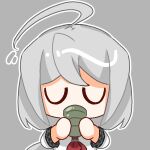  1girl ahoge chibi chinese_commentary closed_eyes commentary_request cup drinking grey_background grey_hair holding holding_cup long_hair neckerchief outline plaid priswocaer red_neckerchief shirt simple_background solo sora_(super_danganronpa_another_2) super_danganronpa_another_2 white_outline white_shirt yunomi 