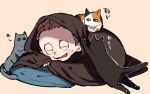  1boy animal animal_on_back black_cat blanket blush_stickers brown_hair calico cat clenched_hand closed_eyes commentary_request danganronpa_(series) danganronpa_v3:_killing_harmony full_body grey_cat hoshi_ryoma kogarashi_8 lying male_focus no_headwear on_stomach open_mouth partial_commentary pillow short_hair simple_background smile solo sweatdrop under_covers very_short_hair yellow_background 