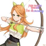  1girl aiming arrow_(projectile) bow bow_(weapon) crop_top etie_(fire_emblem) fire_emblem fire_emblem_engage green_bow green_eyes green_shirt highres holding holding_bow_(weapon) holding_weapon orange_hair ricky_(haye4843) shirt solo swept_bangs training_outfit_(fire_emblem_engage) weapon workout_clothes 