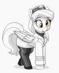 bottomwear clothed clothed_feral clothing derpy_hooves_(mlp) equid equine eyebrows eyelashes female feral friendship_is_magic hair hasbro hat headgear headwear hi_res hooves legwear long_hair mammal monochrome my_little_pony pabbley pantyhose pegasus quadruped simple_background skirt solo spot_color tail topwear uniform white_background wings yellow_eyes