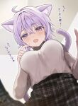  1girl absurdres ahoge animal_ear_fluff animal_ears asa_going blurry blush breasts cat_ears cat_girl cat_tail commentary_request crossed_bangs depth_of_field fang hair_between_eyes hand_up highres hololive indoors large_breasts long_sleeves looking_at_viewer looking_down medium_hair nekomata_okayu open_mouth plaid plaid_skirt pov purple_eyes purple_hair shirt skin_fang skirt solo sweat tail translation_request virtual_youtuber white_shirt 