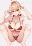  1girl ahoge bare_shoulders bikini blonde_hair blush braid breasts cleavage cocq_taichou collarbone condom condom_wrapper fate/extra fate_(series) french_braid green_eyes hair_bun hair_intakes hair_ribbon highres large_breasts long_hair looking_at_viewer navel nero_claudius_(fate) nero_claudius_(fate/extra) red_bikini red_ribbon ribbon smile solo squatting swimsuit thighs v wet 