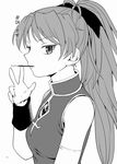  ayanero_taicho bare_shoulders comic food food_in_mouth greyscale long_hair looking_at_viewer mahou_shoujo_madoka_magica monochrome mouth_hold pocky ponytail sakura_kyouko solo translation_request upper_body 