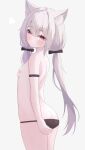  1girl animal_ears blush bow character_request copyright_request fox_ears highres light_blush long_hair looking_down parted_lips red_eyes simple_background sirotuki_ito solo stomach thigh_gap thighs very_long_hair white_background white_hair 