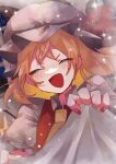  1girl absurdres ascot blonde_hair blush closed_eyes flandre_scarlet hat highres medium_hair mob_cap open_mouth puffy_short_sleeves puffy_sleeves red_nails rokka937 sheet_grab short_sleeves side_ponytail solo touhou upper_body user_pxaw4585 yellow_ascot 