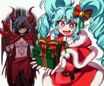  1boy 1girl :d bell blue_hair bow box bright_pupils cape capelet chest_tattoo christmas cowboy_shot dark-skinned_male dark_skin demon_horns demon_wings dress drill_hair evil_smile fur-trimmed_capelet fur-trimmed_dress fur_trim gift gift_box hair_between_eyes hair_bow hair_over_one_eye highres holding holding_gift holding_trident horns idol_land_pripara incoming_gift jingle_bell katasumi_amari lau_(laustar30) long_hair long_sleeves looking_at_viewer mario_(pripara) no_shirt open_mouth pink_eyes pretty_series pripara red_bow red_cape red_capelet red_eyes red_horns red_wings santa_costume santa_dress shaded_face short_hair simple_background smile standing tattoo torn_clothes twin_drills very_long_hair white_background white_pupils wings 