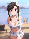  1girl abs beach bikini bikini_skirt black_hair blurry blurry_background blush breasts canadiananiguy cleavage final_fantasy final_fantasy_vii final_fantasy_vii_rebirth final_fantasy_vii_remake flower frilled_bikini frills hair_flower hair_ornament heart highres large_breasts leaning_forward navel official_alternate_costume official_alternate_hairstyle red_eyes smile solo_focus stomach swimsuit tifa_lockhart 